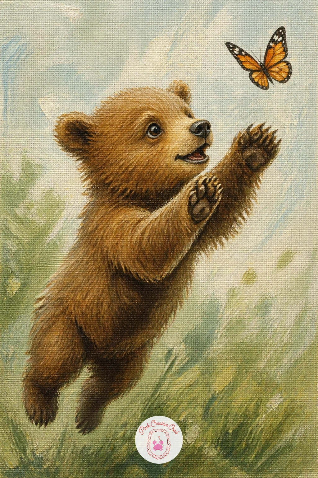 Bear Cub Chasing a Butterfly — Lighten the mood with a small bear cub leaping after a butterfly, front paws off the ground. Bear painting