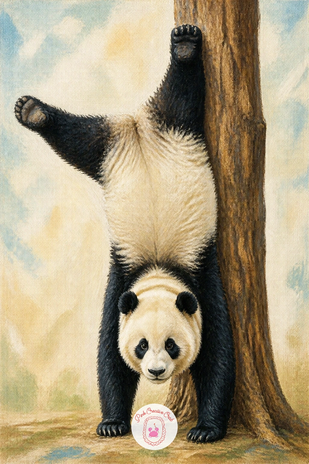 Panda Doing a Handstand — Push the panda series into pure comedy with one doing a handstand against a tree trunk. Bear painting