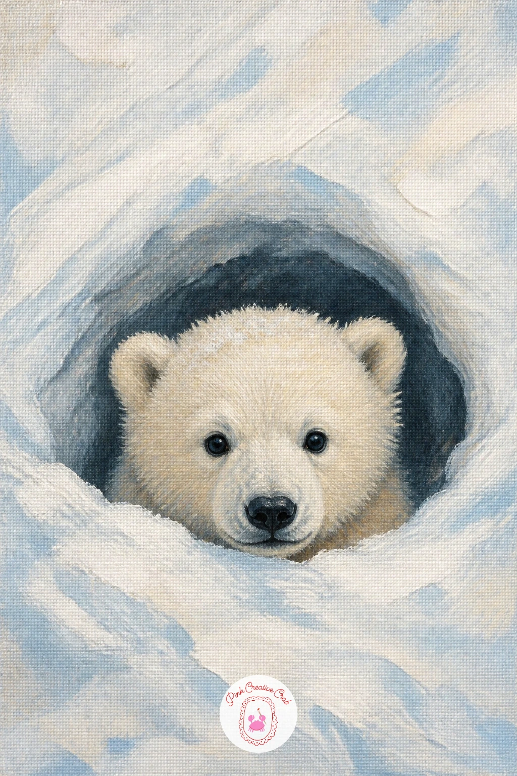 Polar Bear Cub Peeking From a Snow Den — Return to the ice for a gentler moment, a polar bear cub peeking its head out from a snow den entrance. Bear painting
