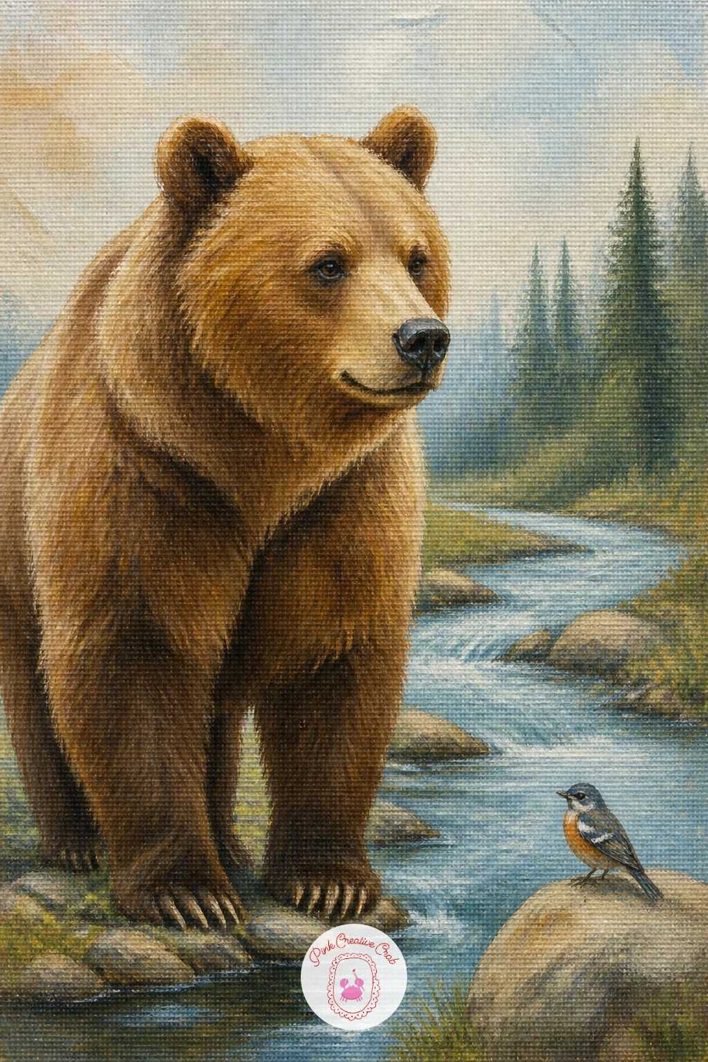 Bear by a Stream With a Bird — Slow back down with a bear standing quietly by a stream while a small bird perches nearby, a scene about stillness more than