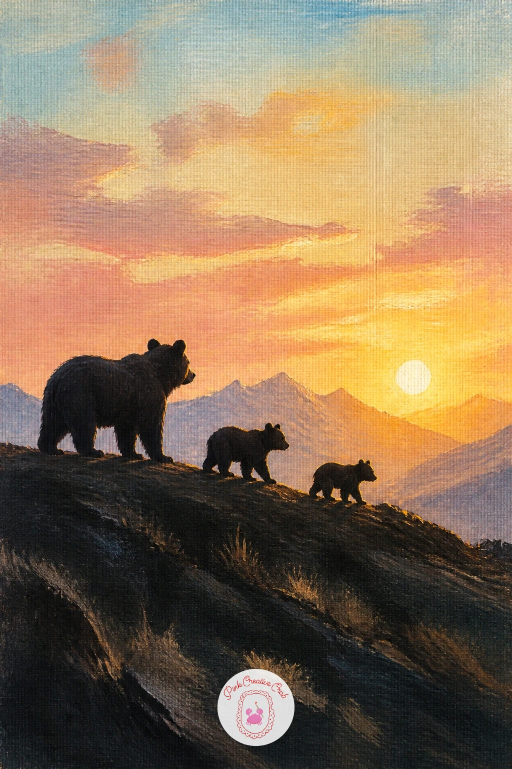 Bear Family on a Ridge at Sunrise — Build toward something a little grander with a bear family silhouetted on a ridge at sunrise. Bear painting