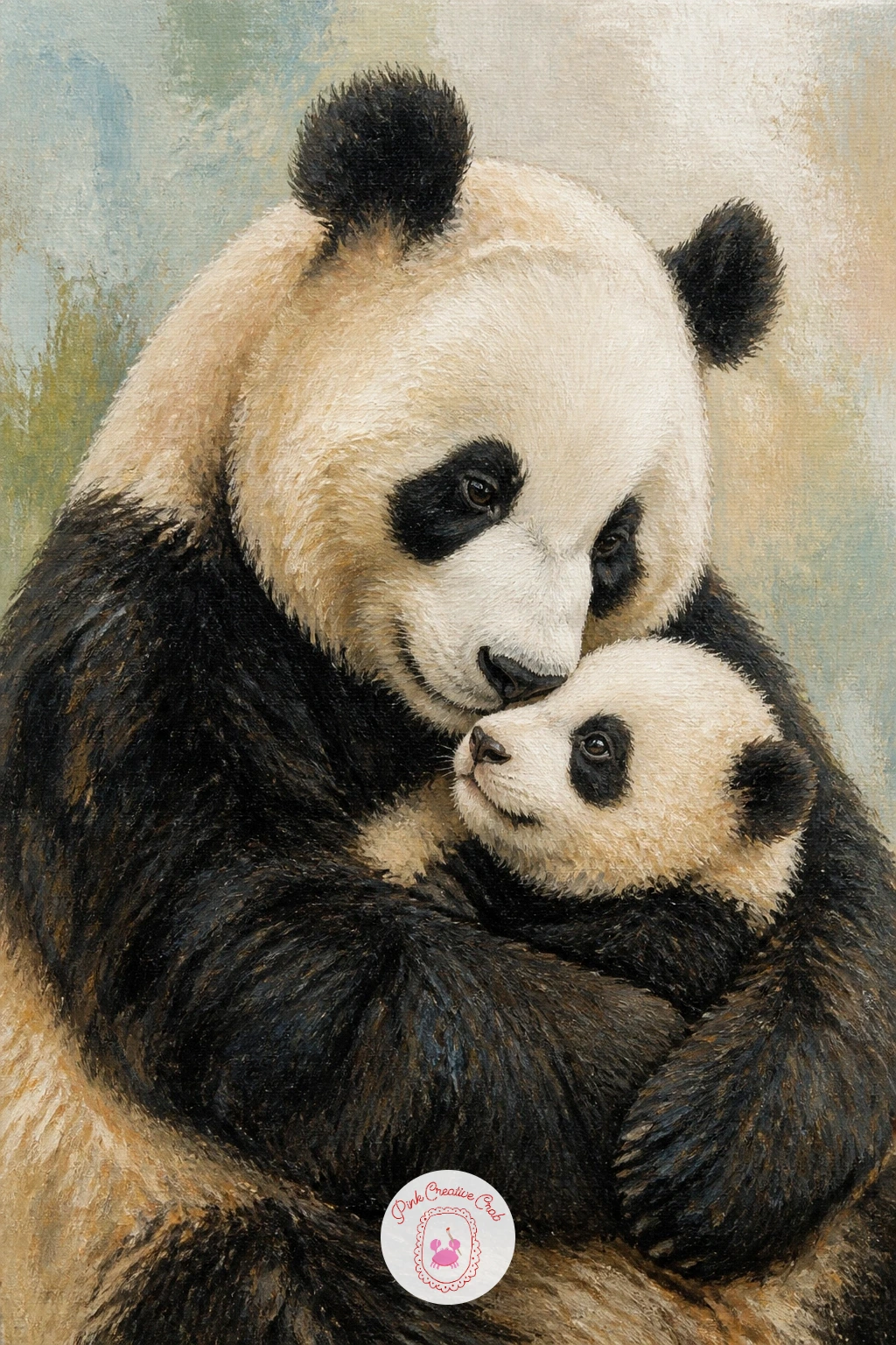 Giant Panda Mother and Cub Cuddling — Bring the panda story to its warmest point with a mother panda cuddling her cub close against her chest. Bear painting