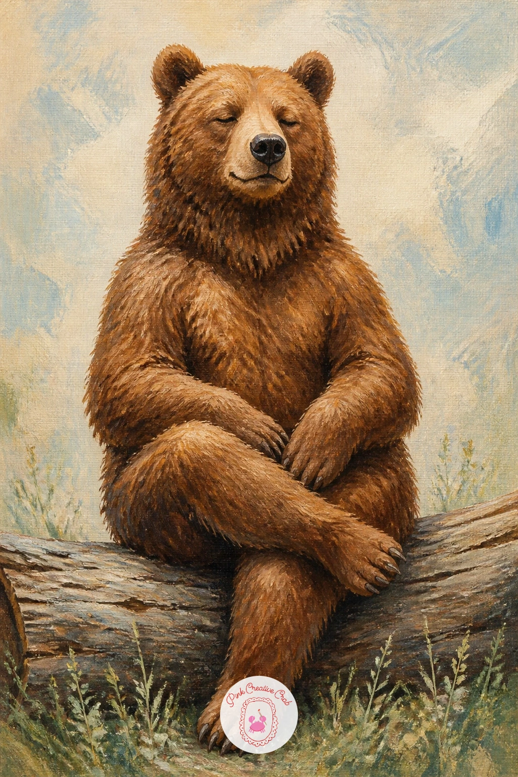 Bear Sitting on a Log Like a Person — Finish with gentle humor again, a bear sitting upright on a log with its legs crossed almost like a person resting. Bear