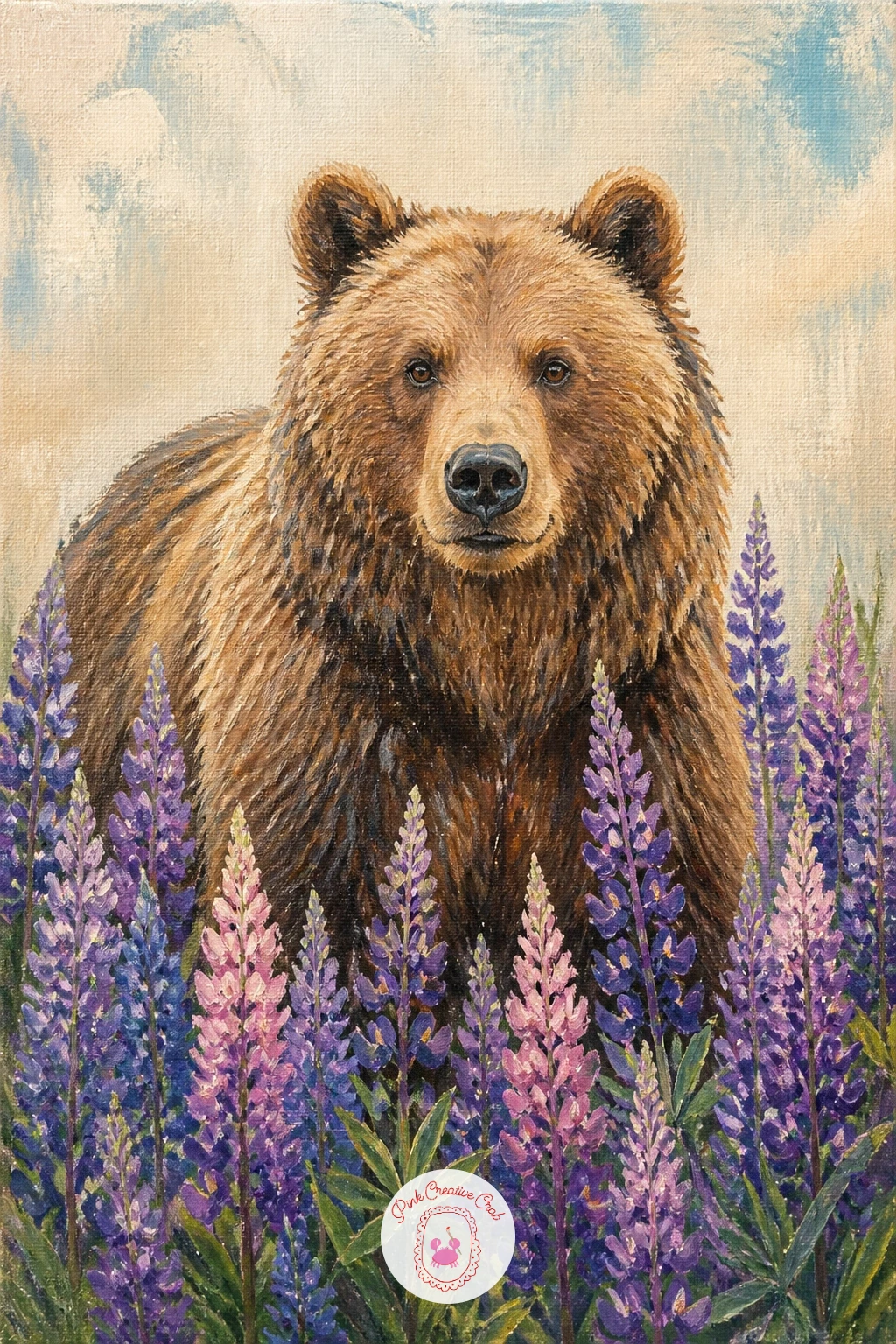 Bear in a Field of Lupins — Close the list on a soft, colorful note with a bear standing among tall purple and blue lupin spikes. Bear painting