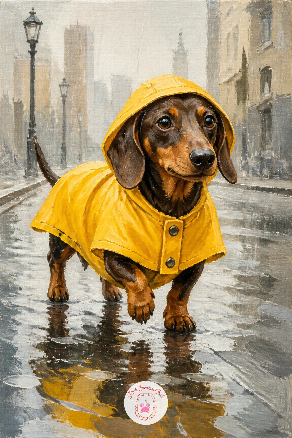 Dachshund In A Raincoat On A City Street — Move from food costume to foul weather with a dachshund trotting along in a little yellow raincoat. Dachshund