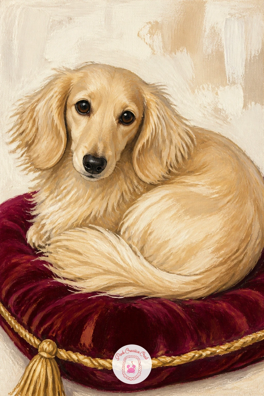 Long-Haired Dachshund On A Velvet Cushion — Give the long-haired dachshund its moment here, draped over a rich velvet cushion like visiting royalty. Dachshund