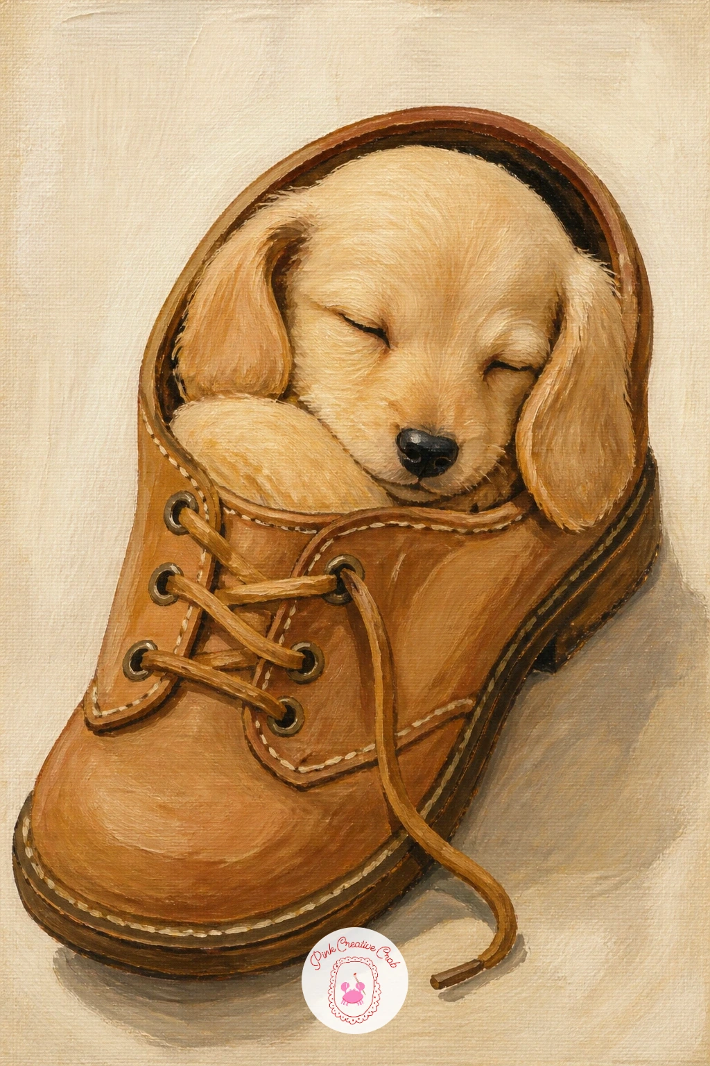 Dachshund Puppy Asleep In A Shoe — Scale right down for this one, a dachshund puppy curled asleep inside an oversized shoe. Dachshund painting