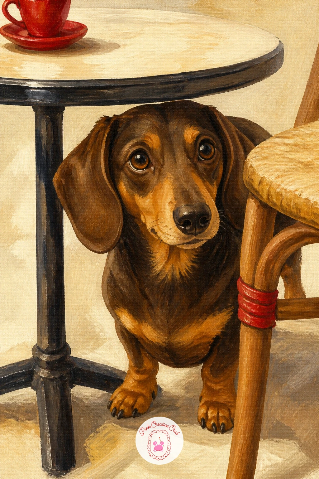 Dachshund Under A Cafe Table — Set the next dachshund under a little cafe table, peeking out between the legs like it is waiting for a dropped crumb. Dachshund