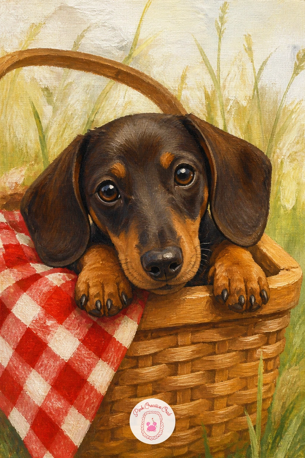 Dachshund In A Picnic Basket — Pack the next dachshund into a picnic basket, ears draped over the woven rim like the most spoiled sandwich in the park.
