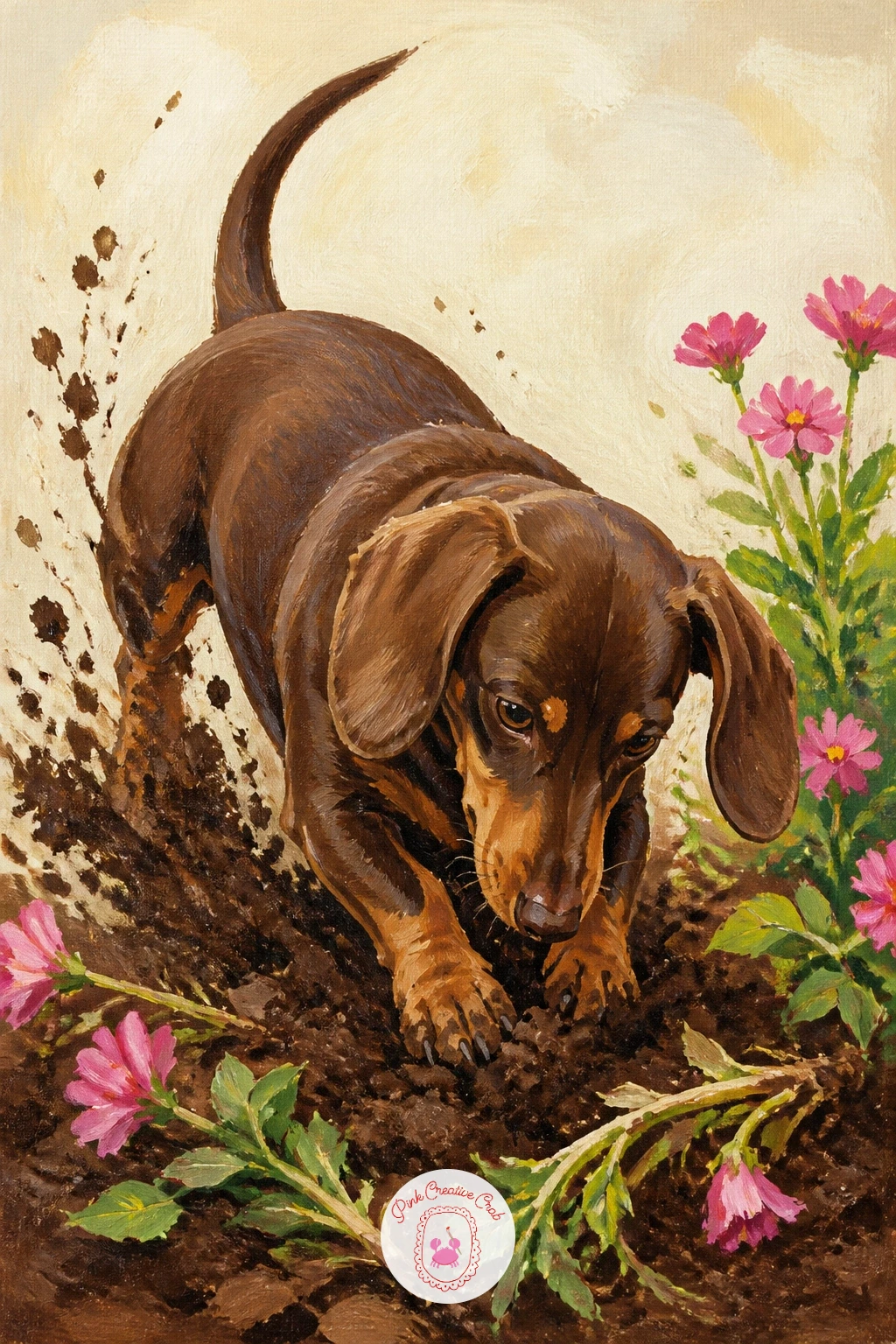 Dachshund Digging In A Flower Bed — Let the next dachshund cause a little chaos, caught mid-dig in a flower bed with dirt flying. Dachshund painting