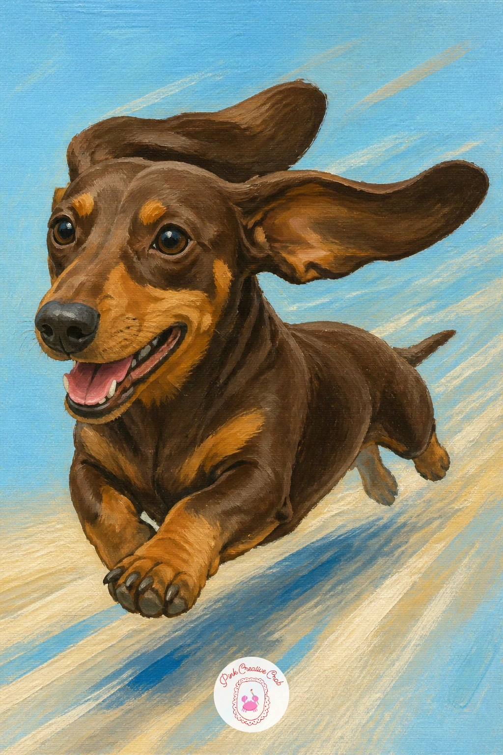 Dachshund Running With Ears Flying — Capture pure joy next with a dachshund caught mid-run, ears streaming backward. Dachshund painting