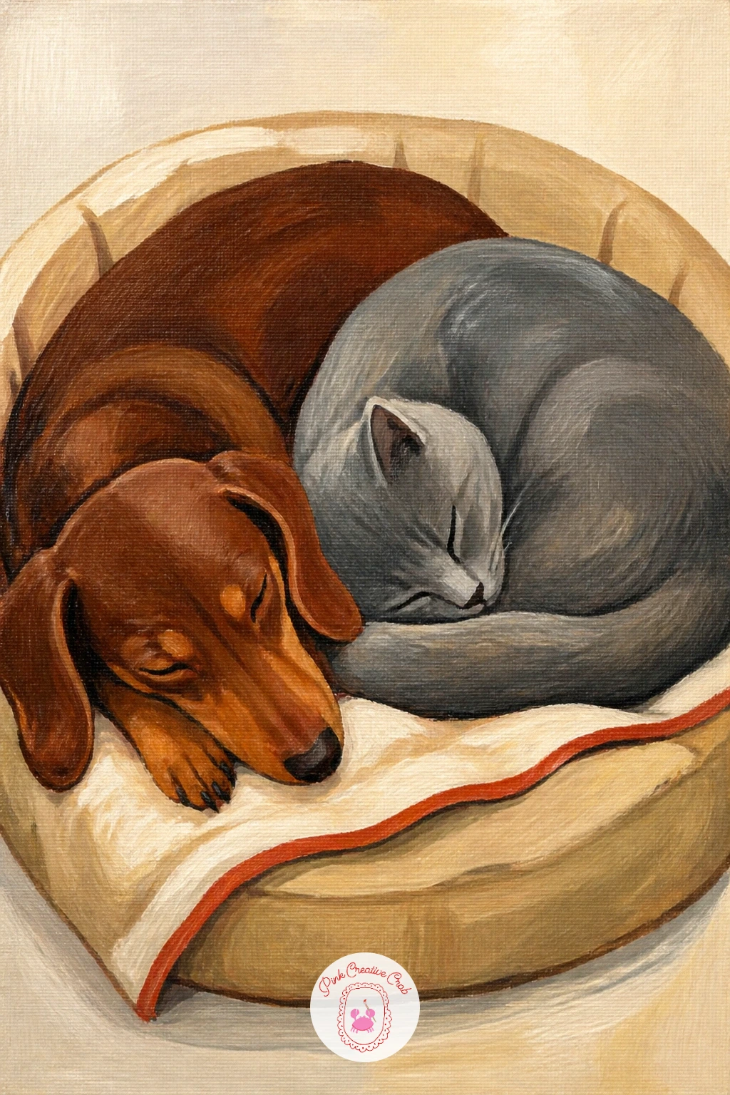 Dachshund And A Cat Sharing A Bed — Soften the pace with an odd-couple favorite, a dachshund and a cat curled up sharing one bed. Dachshund painting