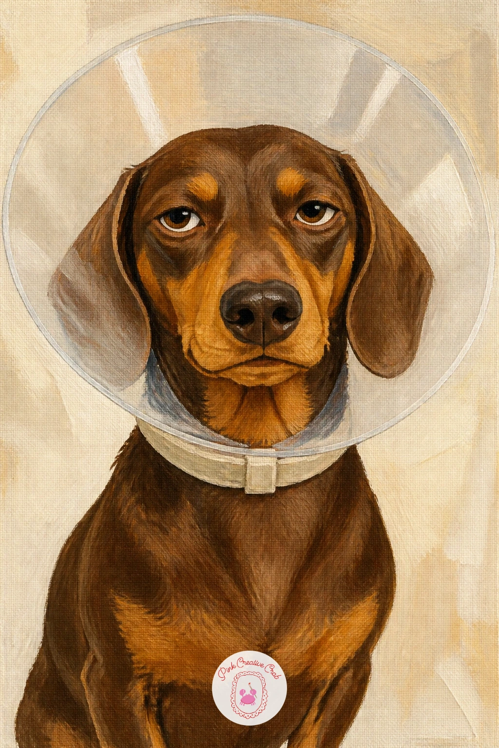 Dachshund At The Vet Wearing A Cone — Bring a bit of gentle comedy in with a dachshund wearing the classic plastic cone, looking thoroughly unimpressed.