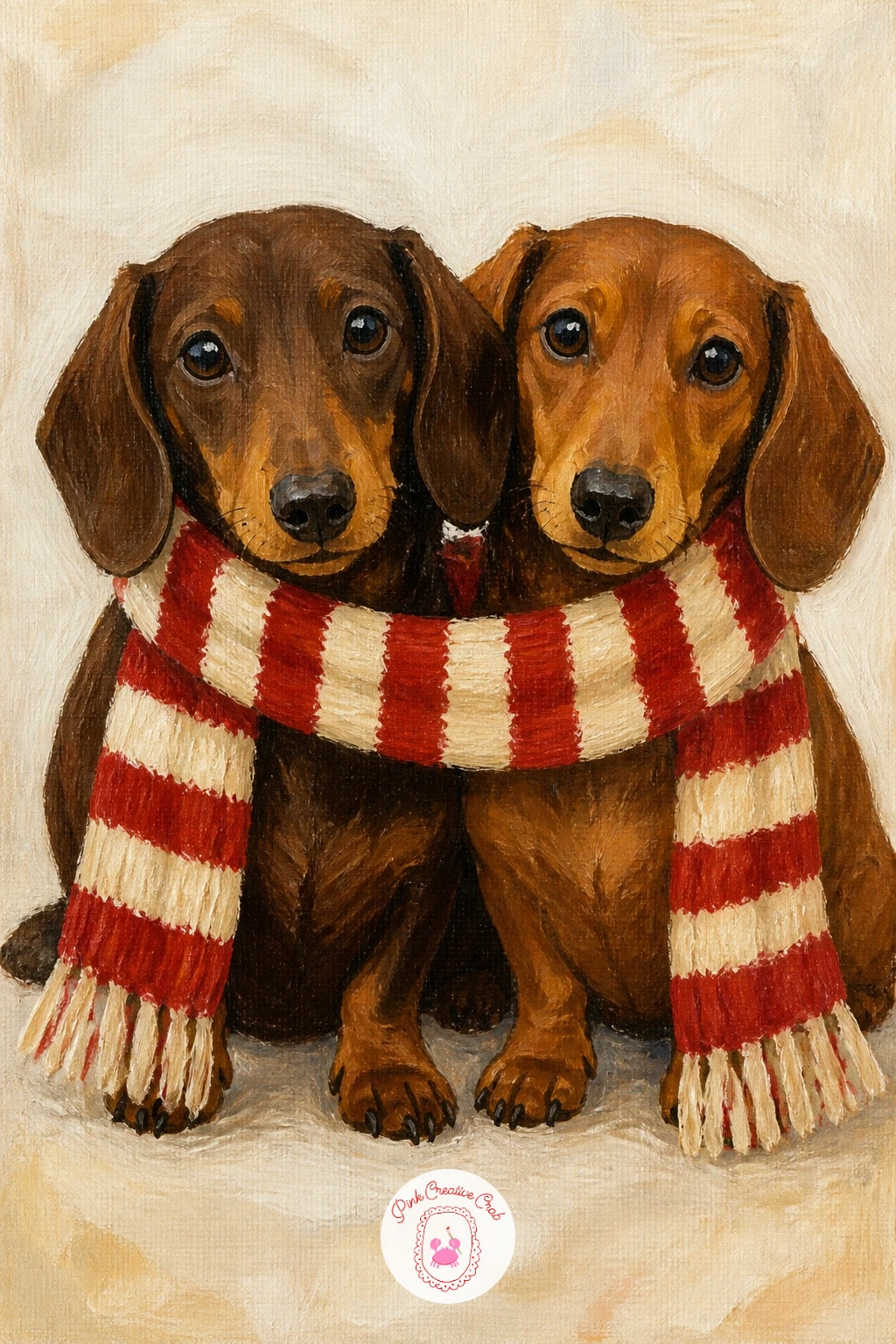 Two Dachshunds Sharing One Scarf — Double the charm with two dachshunds tucked side by side under one long knitted scarf. Dachshund painting