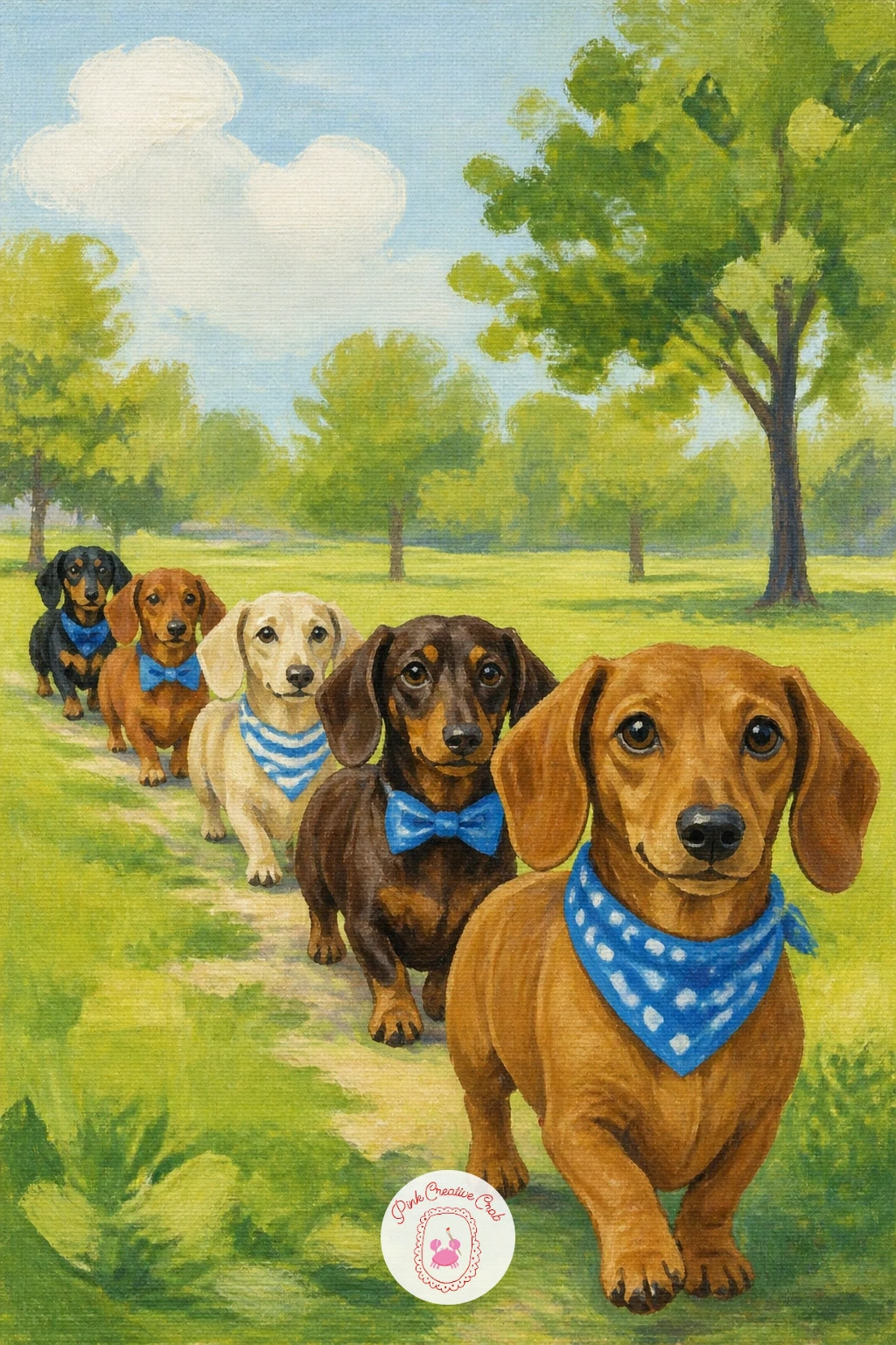 Dachshund Parade In A Park — Close out the dachshund section with a small parade, several dachshunds trotting together through a park like a tiny regiment.