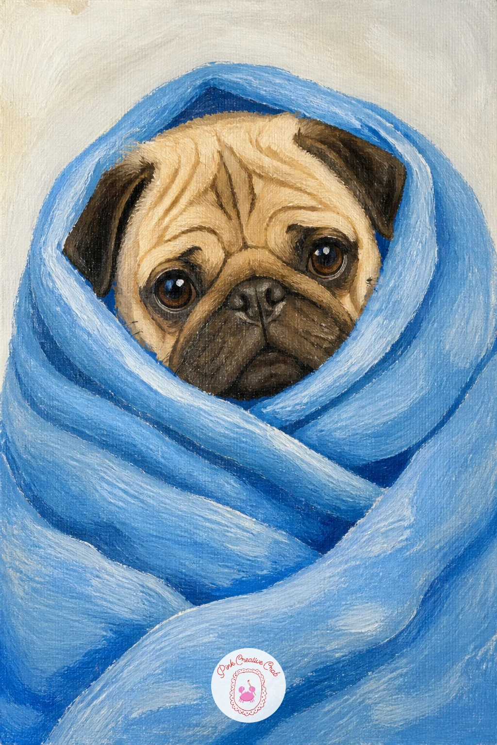 Pug Wrapped In A Blanket — Cozy things up with a pug burrito, wrapped snugly in a soft blanket with just the wrinkled face poking out. Dachshund painting