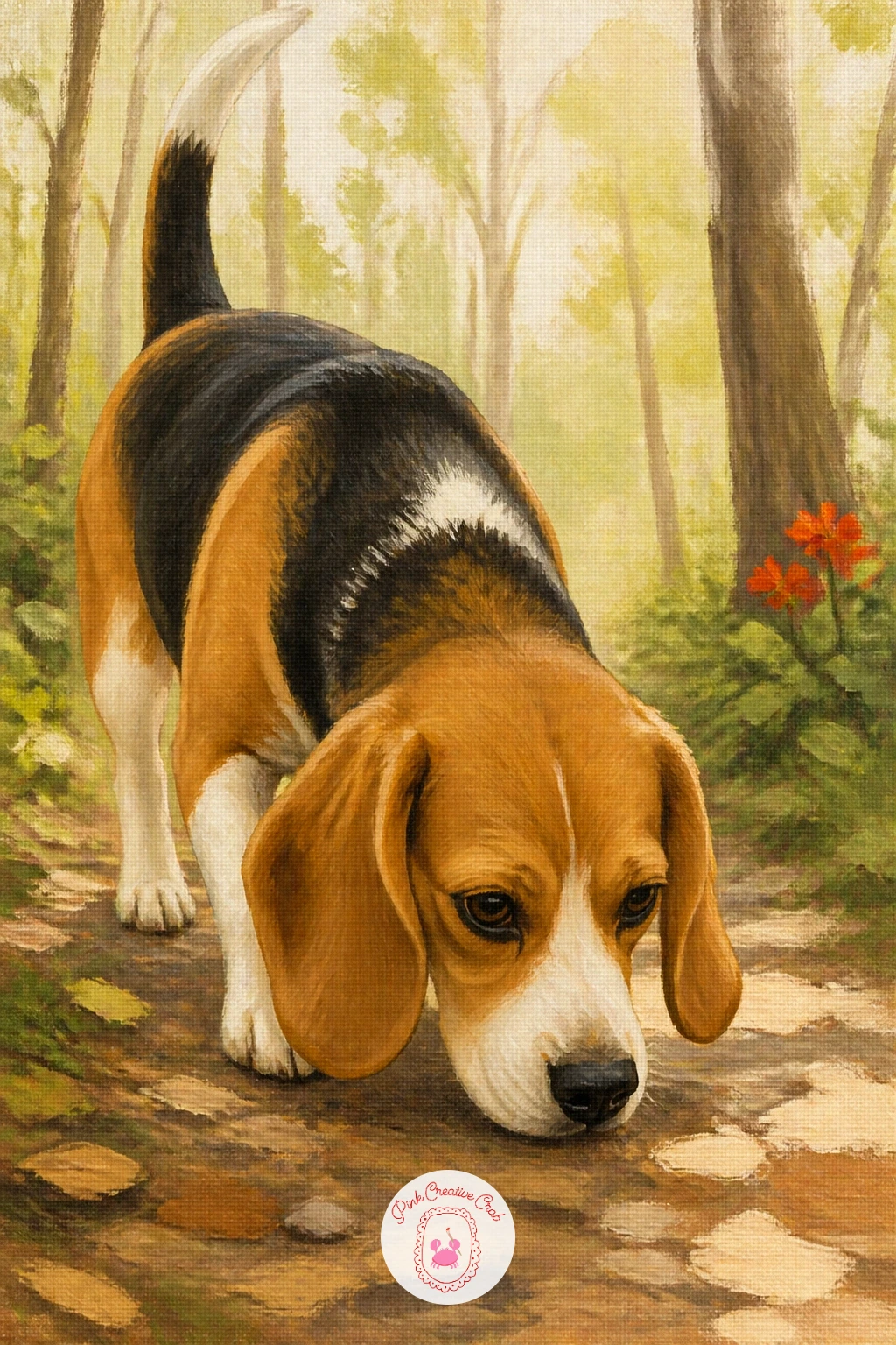 Beagle Sniffing A Trail — Take the beagle outdoors for a nose-to-the-ground moment along a woodland trail. Dachshund painting