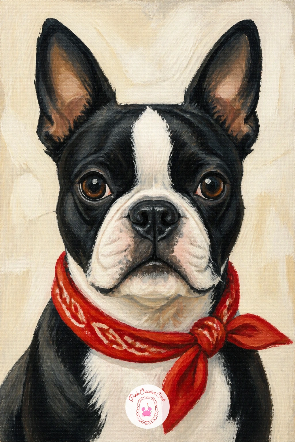 Boston Terrier With A Bandana — Keep the energy up with a Boston terrier sporting a bandana knotted around its neck, tuxedo markings and all. Dachshund painting