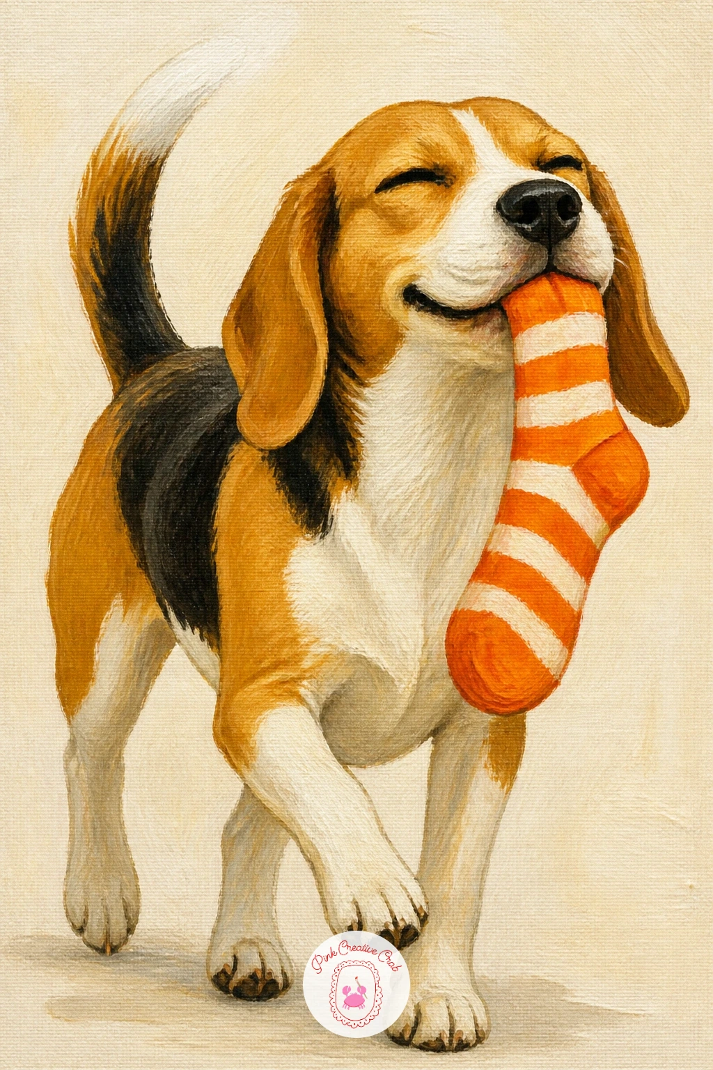 Beagle With A Stolen Sock — Catch the beagle in the act again, trotting off proudly with a stolen sock dangling from its mouth. Dachshund painting