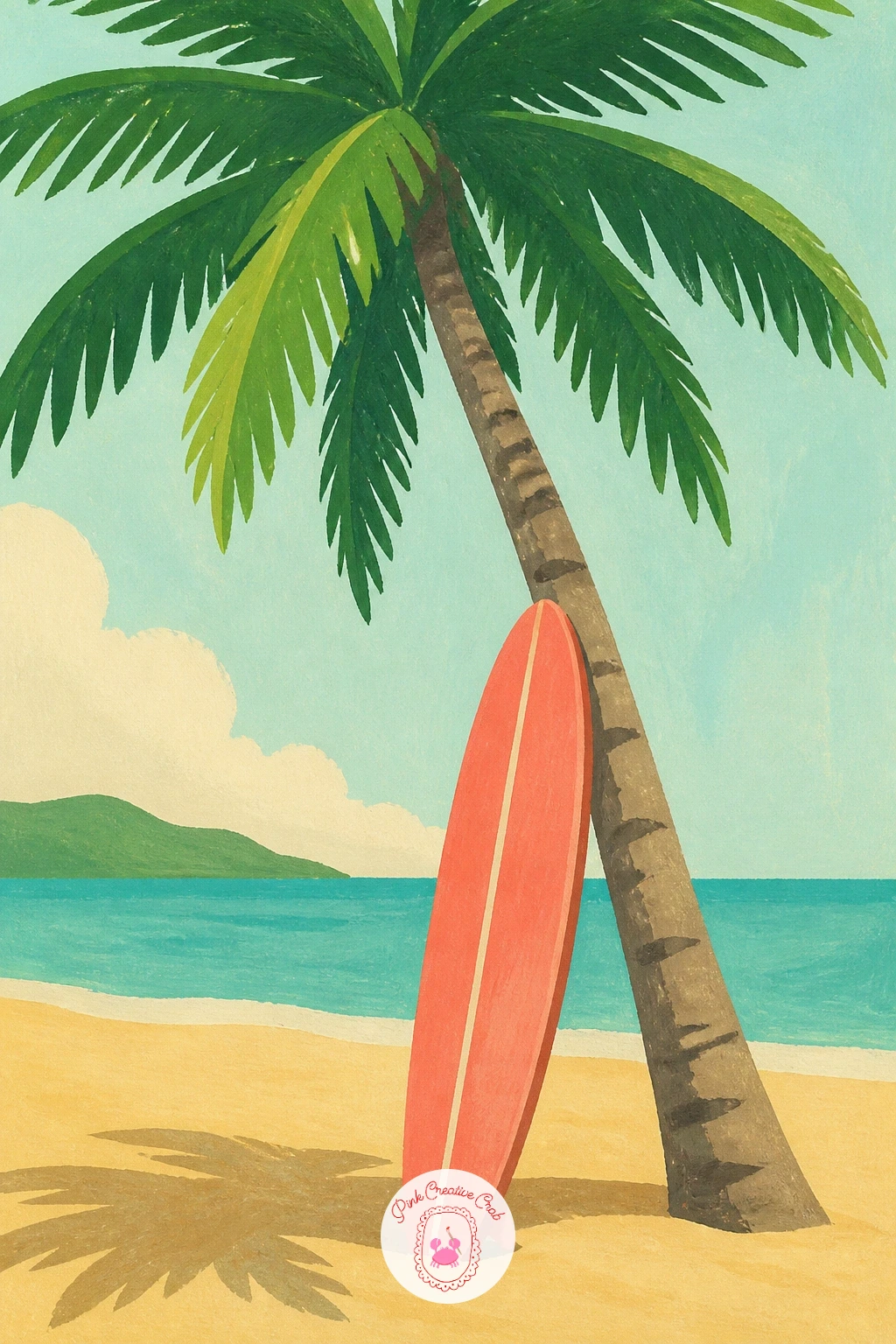 Surfboard Leaning On A Palm — Surfboard against a palm trunk is an easy, satisfying shape study once the wall shadow has you comfortable with flat silhouettes.