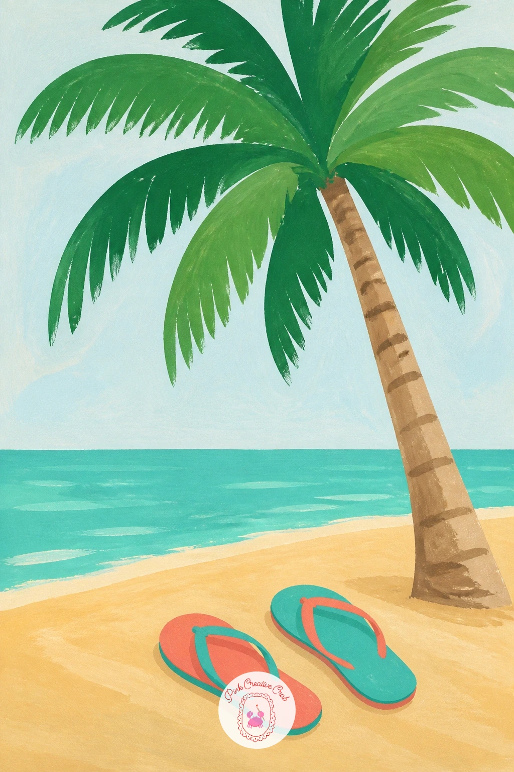 Flip-Flops Left Under A Palm — After a surfboard, try an even smaller still life: a pair of flip-flops kicked off under a palm. Palm tree painting