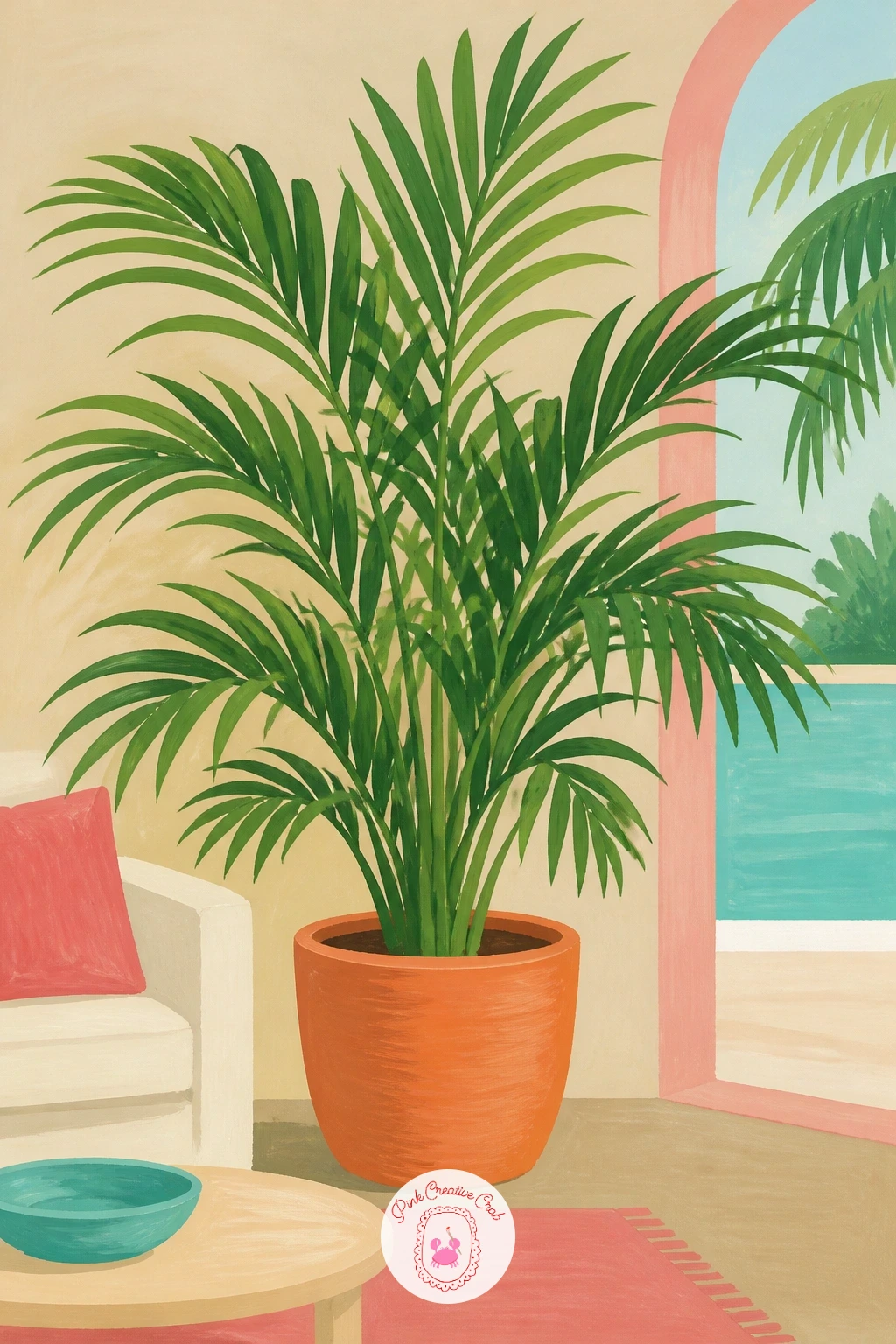 A Palm In A Terracotta Pot In A Living Room — Bring the Glam Cabana mood indoors with a potted palm in a terracotta pot. Palm tree painting