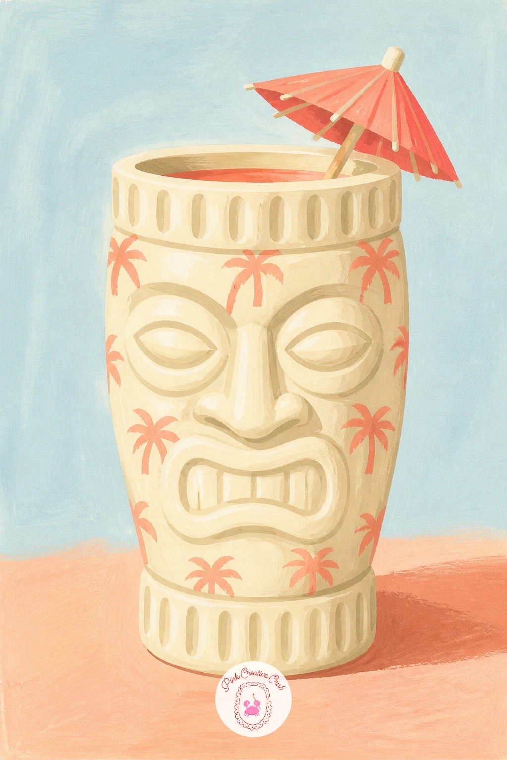 A Tiki Mug With A Palm Print — Keep the close-up habit going with a tiki mug decorated in a palm print pattern. Palm tree painting