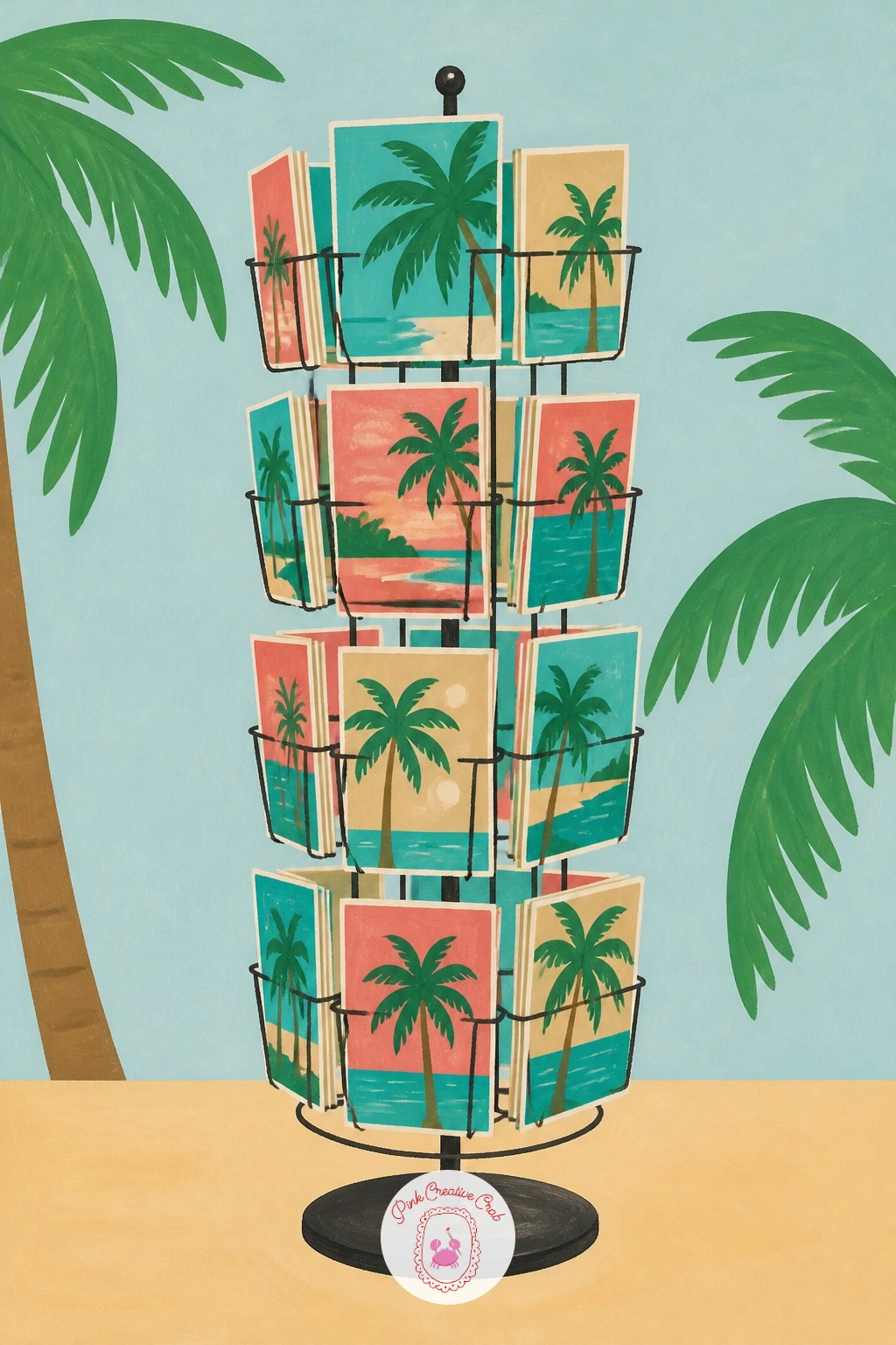 A Postcard Stand With Palm Postcards — Carry the pattern practice over into a spinning postcard stand full of tiny palm scenes. Palm tree painting