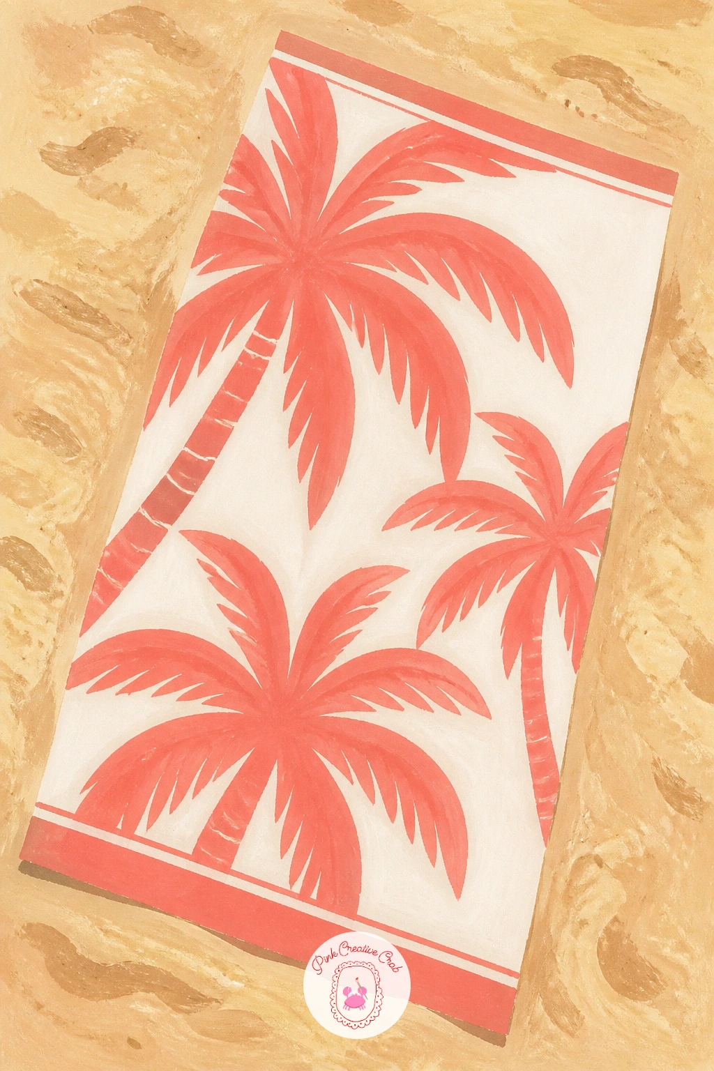 A Palm Print Towel On The Sand — Drop back down to the beach itself for a palm print towel laid out on the sand. Palm tree painting