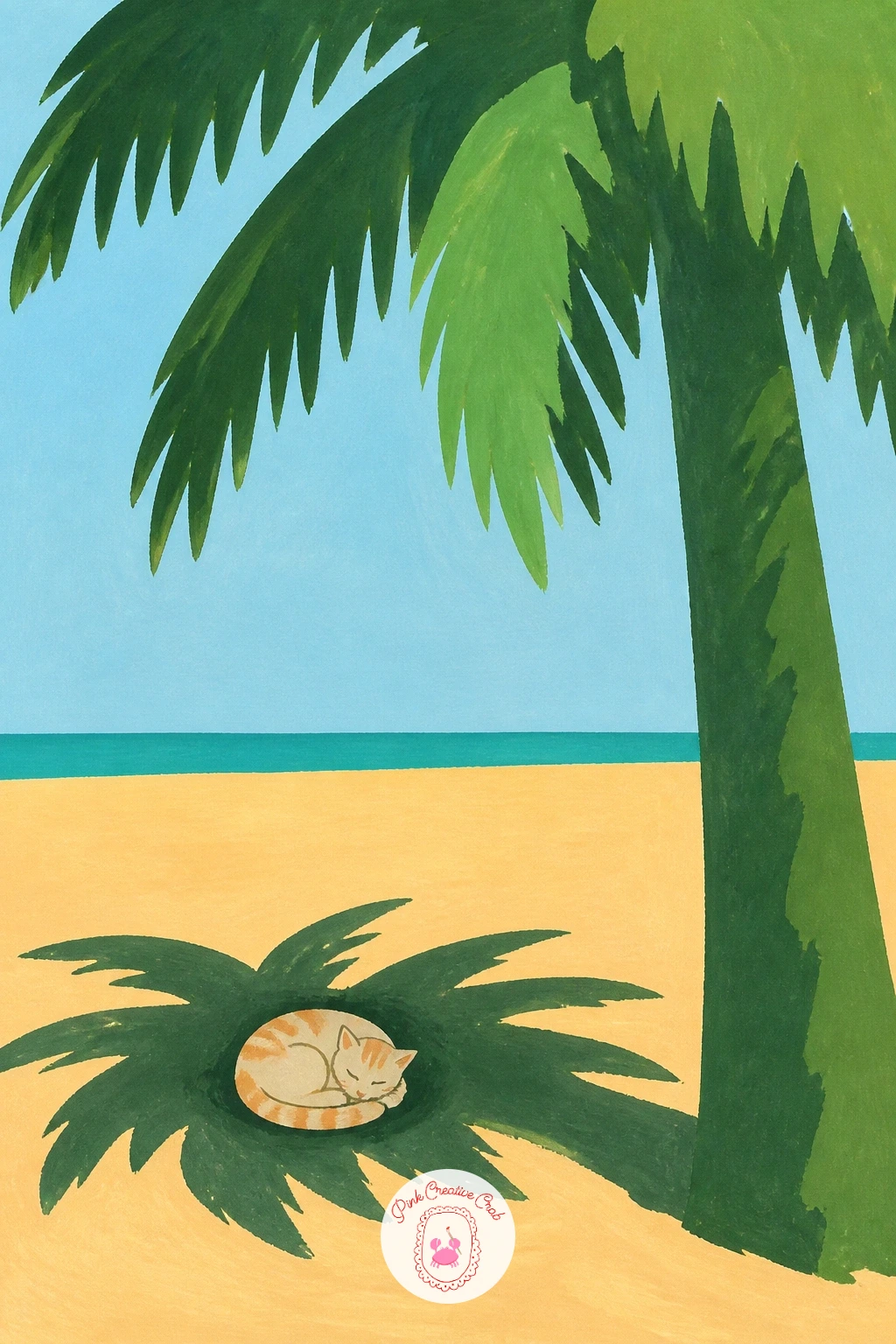 A Cat Napping In A Palm's Shade — Give the beach a resident with a cat curled up asleep in the cool shade a palm throws across the sand. Palm tree painting