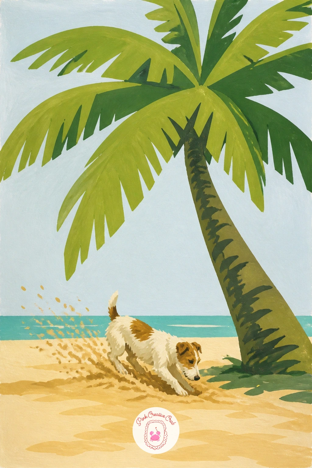 A Dog Digging In The Sand Under A Palm — Keep the animal energy going with a dog mid-dig beneath a palm, all four paws flinging sand. Palm tree painting