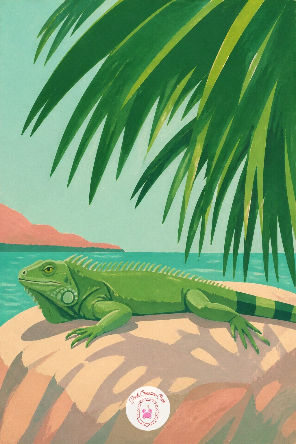 An Iguana Sunbathing Under A Palm — Stay with the small-creature theme for an iguana stretched flat on a warm rock under a palm's edge. Palm tree painting