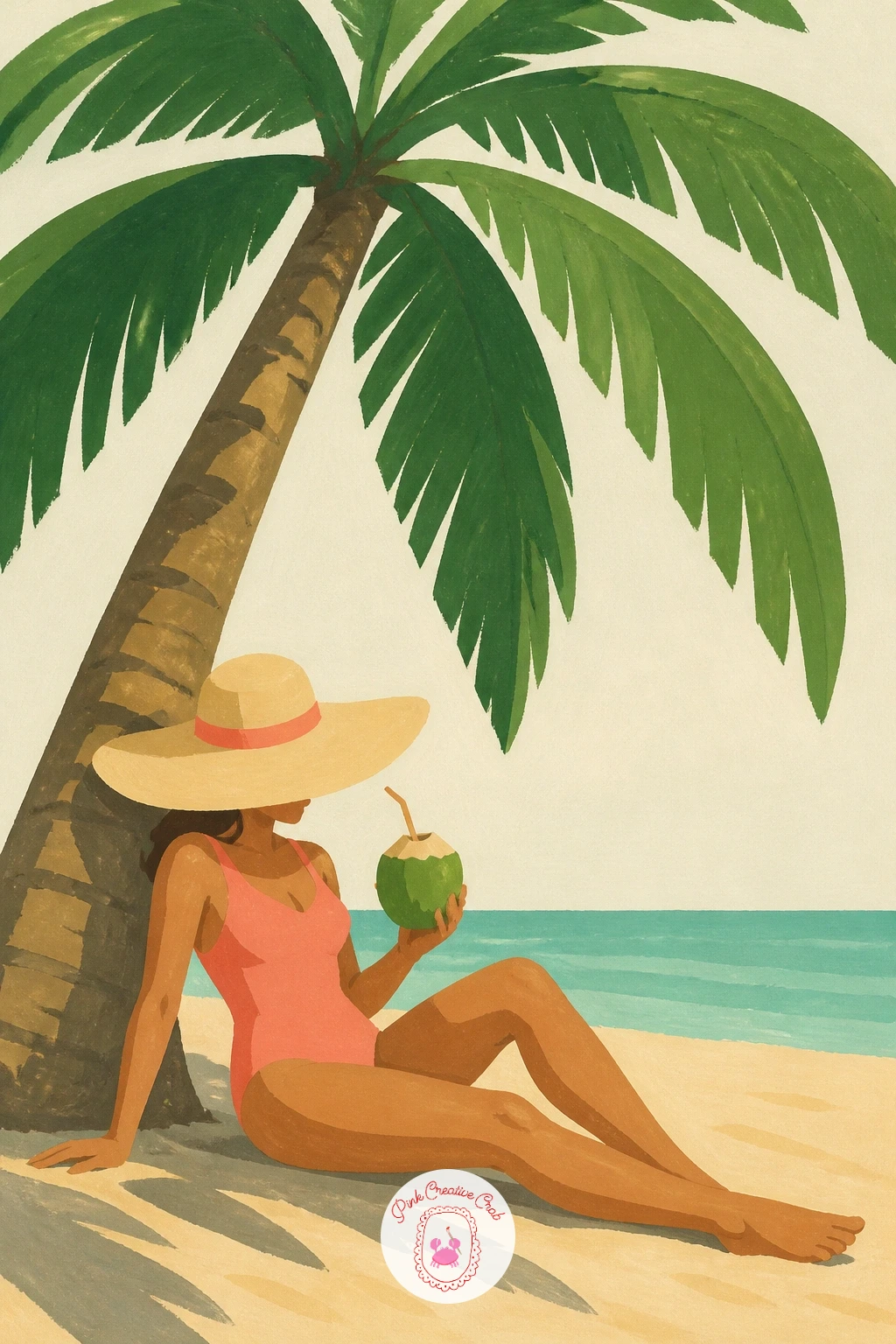 A Girl In A Sun Hat Under A Palm With A Coconut Drink — Bring a person into the scene with a woman in a wide sun hat lounging under a palm, coconut drink in