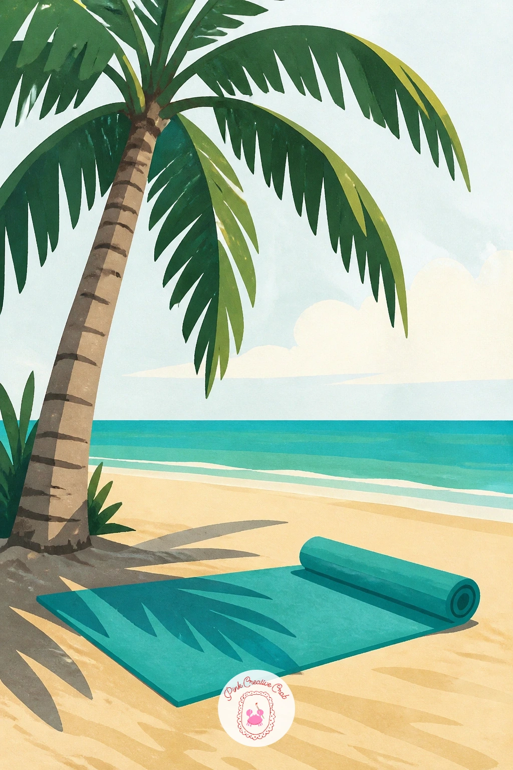 A Yoga Mat Under A Palm — Trade the lounger for a yoga mat rolled out beneath a palm for a calmer, quieter scene. Palm tree painting