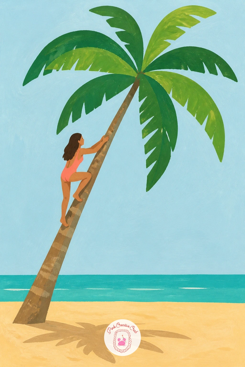 A Girl Climbing A Leaning Palm — Add some motion with a figure climbing partway up a dramatically leaning palm trunk. Palm tree painting