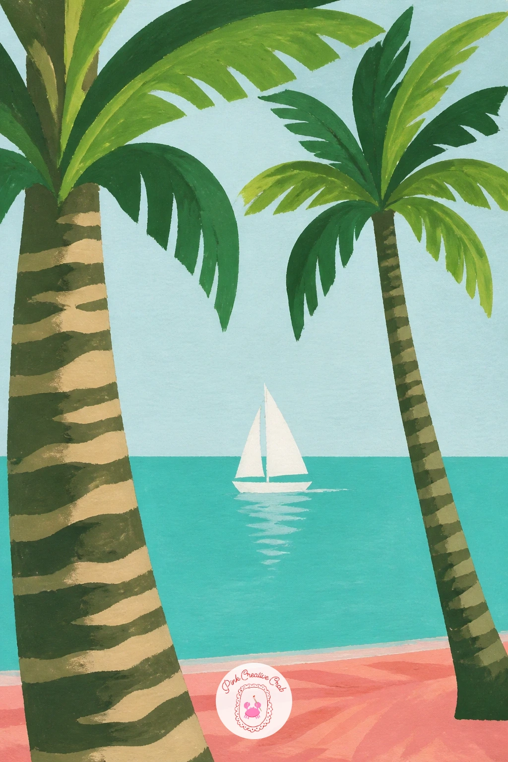 A Sailboat Passing Between Palms — Widen the water view for a small sailboat seen passing in the gap between two palm trunks on the shore. Palm tree painting