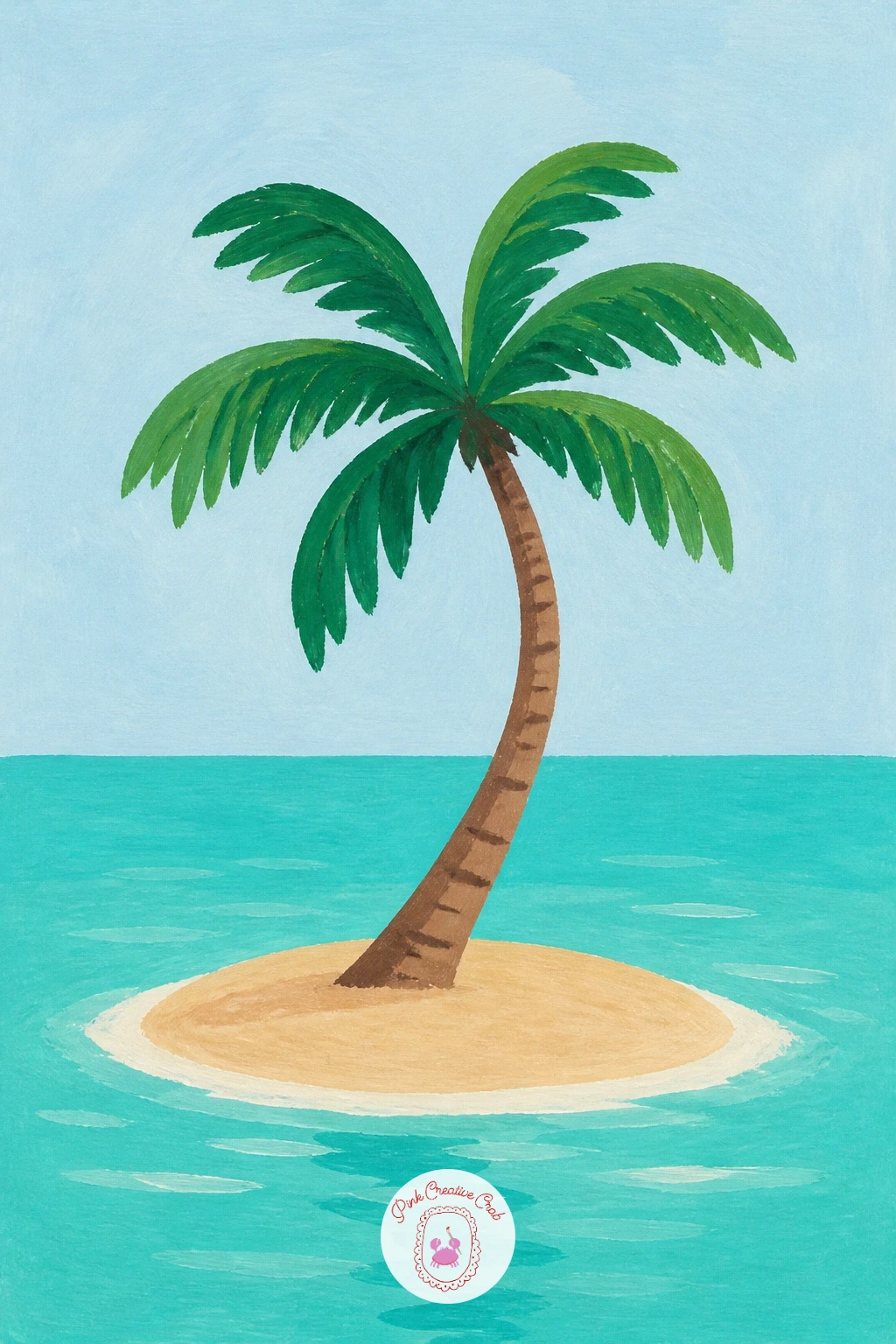 A Single Palm On A Tiny Island — Shrink the whole scene down to a single palm growing from a tiny round island in open water, the classic desert-island