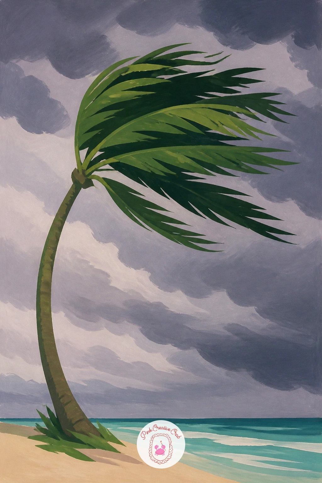 A Windy Palm Before A Summer Storm — Shift the mood for a palm bent sideways by wind under a darkening summer sky. Palm tree painting