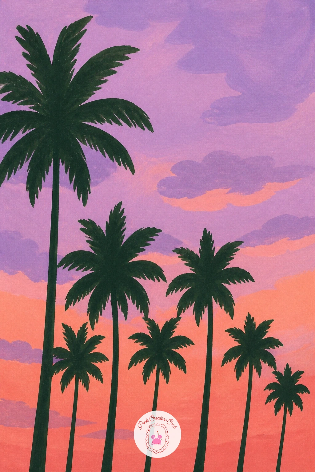 Palms Against A Lilac Sunset Sky — Move from storm clouds to a calmer evening for a row of palm silhouettes set against a soft lilac sunset. Palm tree painting