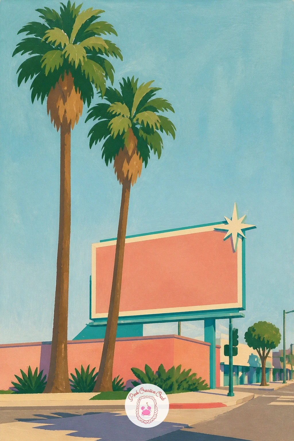 Los Angeles Palms With A Vintage Billboard — Keep the boulevard mood but zoom into a city corner with a couple of tall palms beside an old-style painted