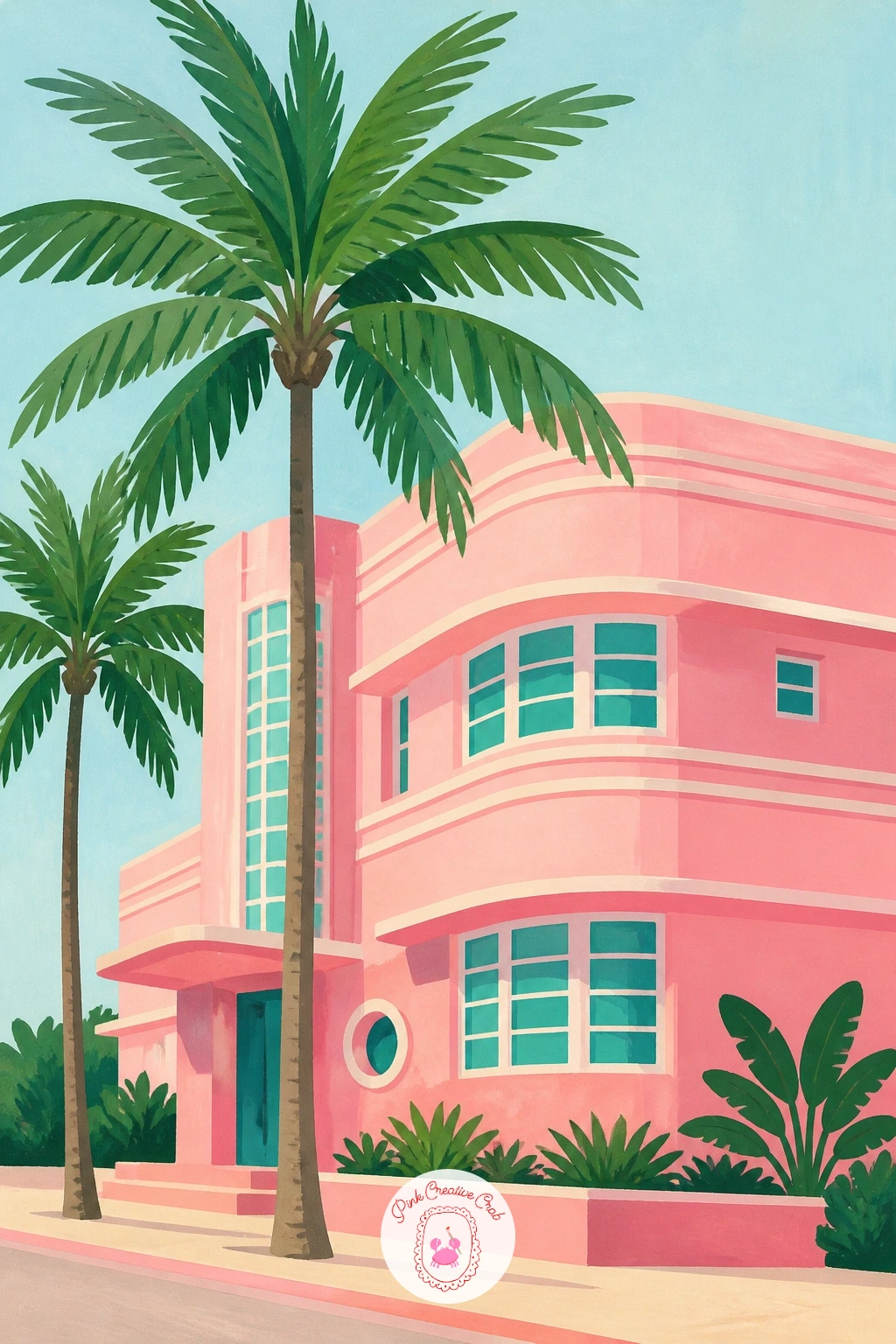 A Miami Art Deco Street With Palms — Carry the city feeling further with an art deco street front in soft pastel colours, palms standing in front of the