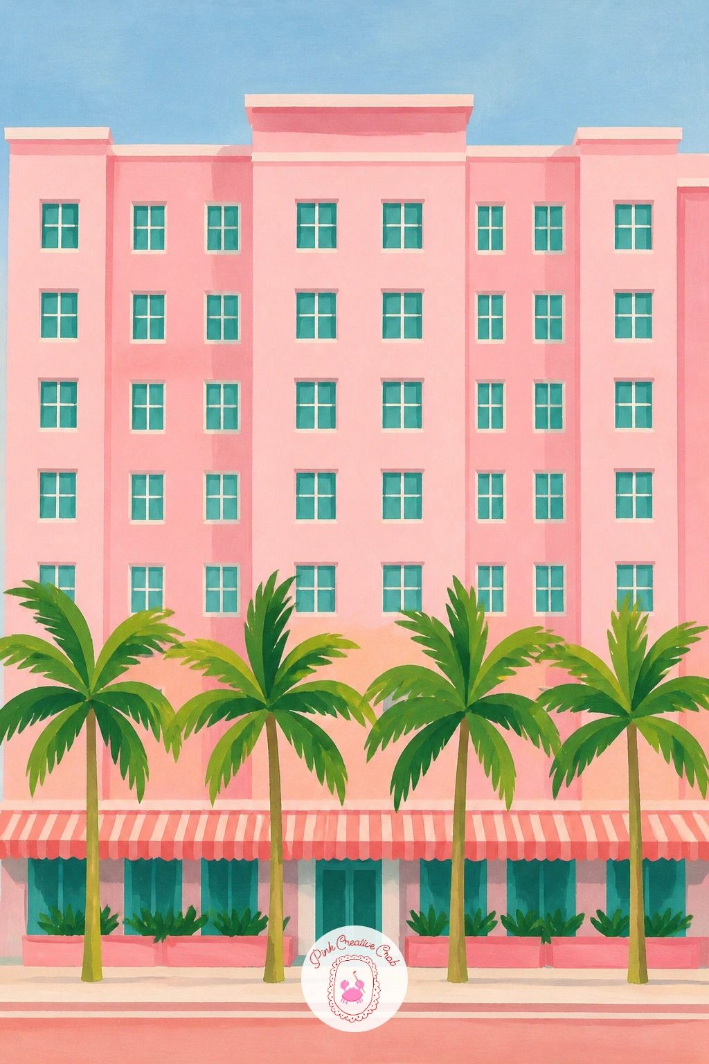 A Pink Hotel With Palm Trees In Front — Scale the deco building idea up into a full pink resort hotel with palms lining the entrance. Palm tree painting