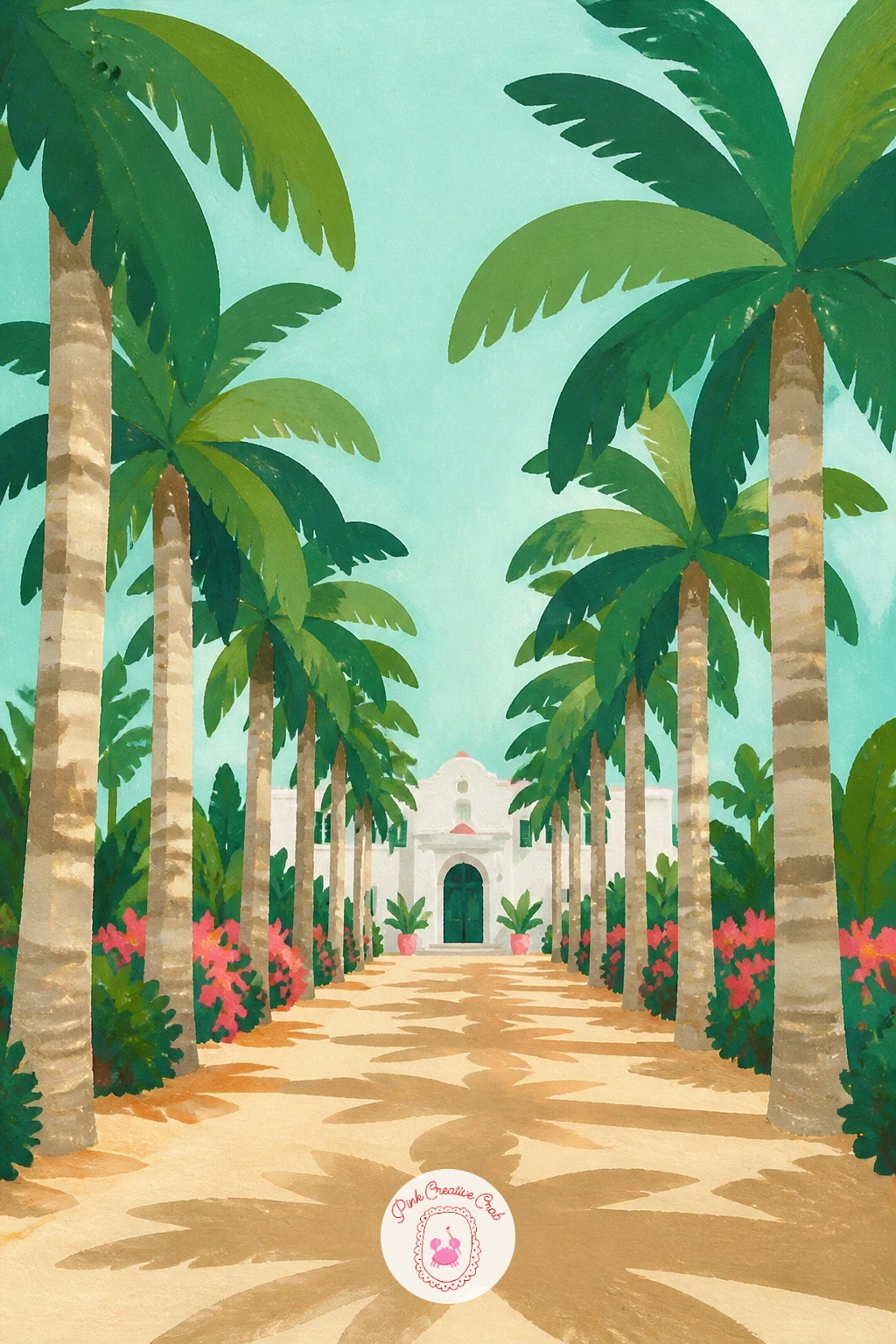 A Palm-Lined Driveway To A White Villa — Keep the grand-entrance feeling but swing the view around to a driveway lined with palms leading up to a white villa
