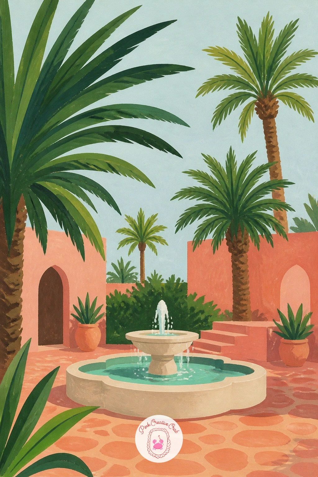 A Palm Courtyard With A Fountain — Step through that villa's gate into a quiet courtyard with a fountain surrounded by palms. Palm tree painting