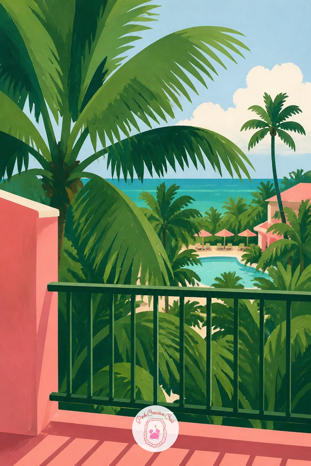 A Hotel Balcony With A Palm View — From the courtyard below, look out instead from a hotel balcony over a view full of palms. Palm tree painting