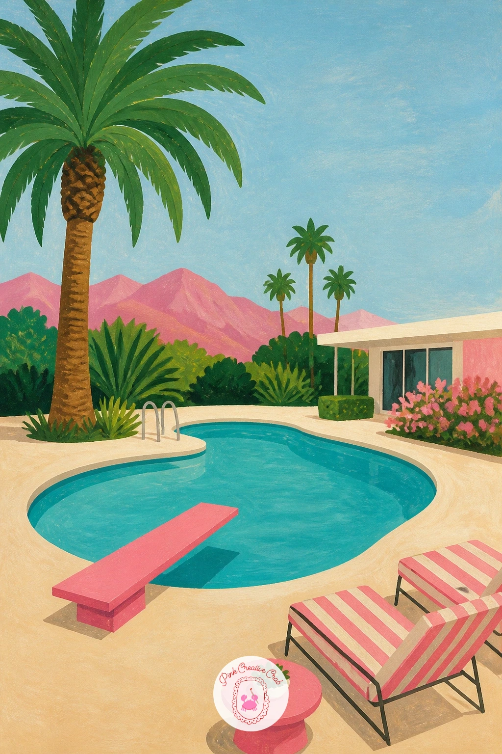 A Palm Springs Pool With A Pink Diving Board — Bring the whole mood home to the pool itself, the defining Glam Cabana scene: a kidney-shaped pool with a bright