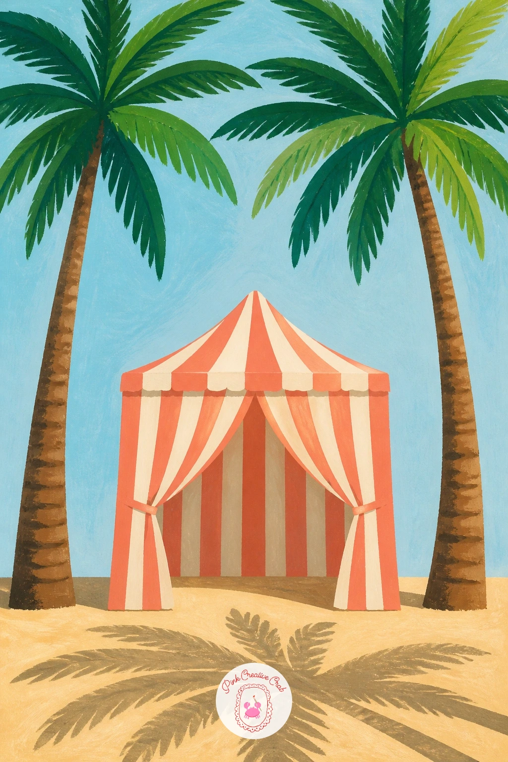 A Striped Cabana Under Two Palms — Follow the pool scene with its natural companion, a striped cabana tent set between two shading palms. Palm tree painting