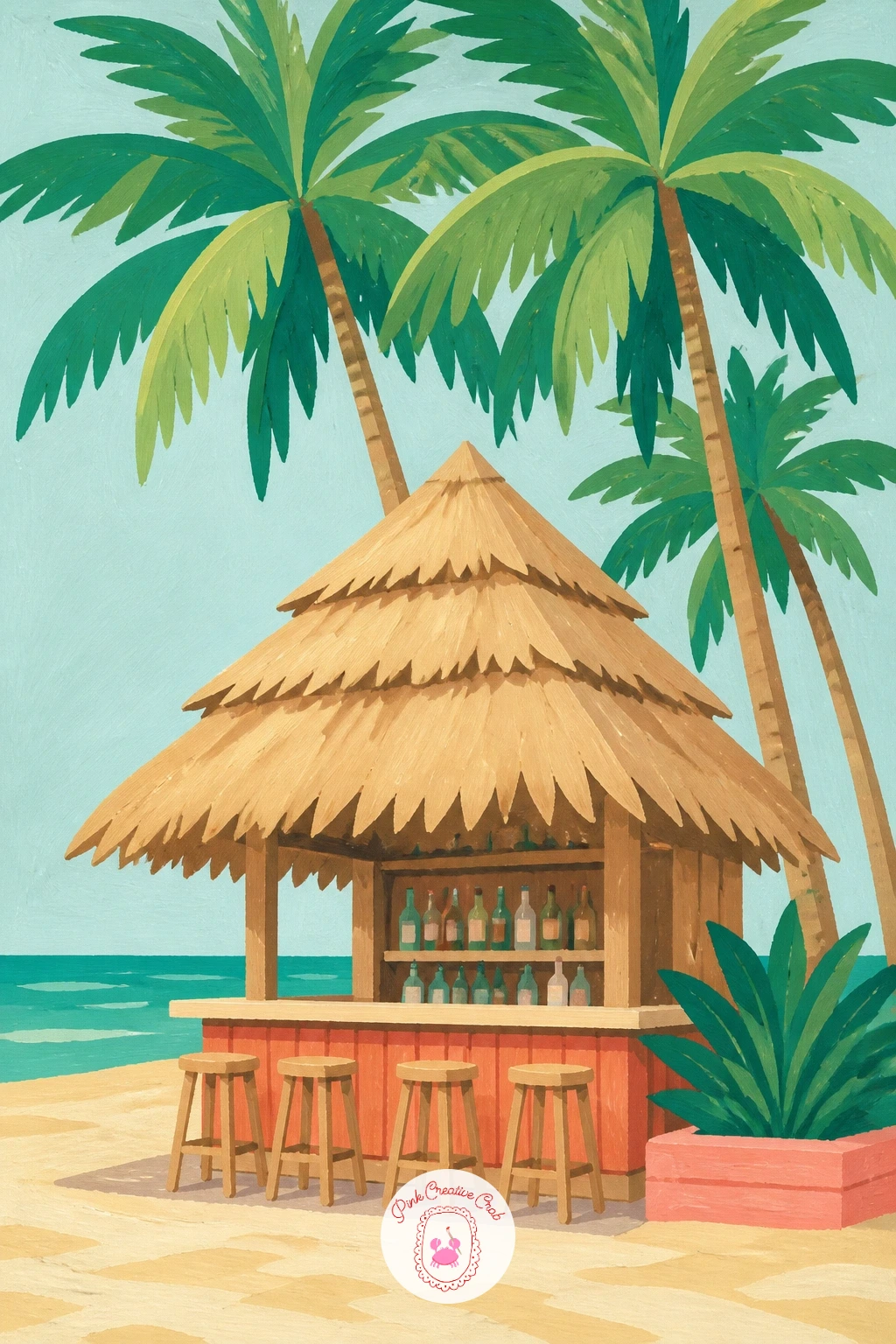 A Beach Bar With A Palm-Thatched Roof — Move a few steps along the sand to a beach bar with a shaggy palm-thatched roof. Palm tree painting
