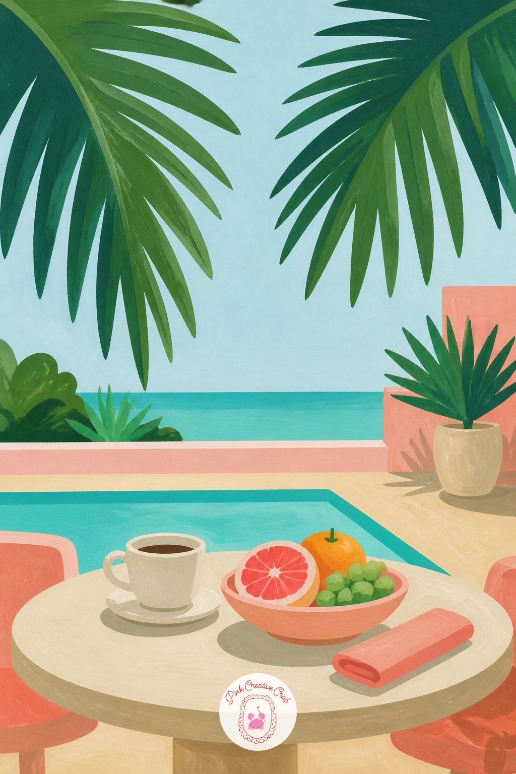 Palm Leaves Framing A Breakfast Table — Look down for a change at a resort breakfast table seen through a loose frame of palm leaves. Palm tree painting