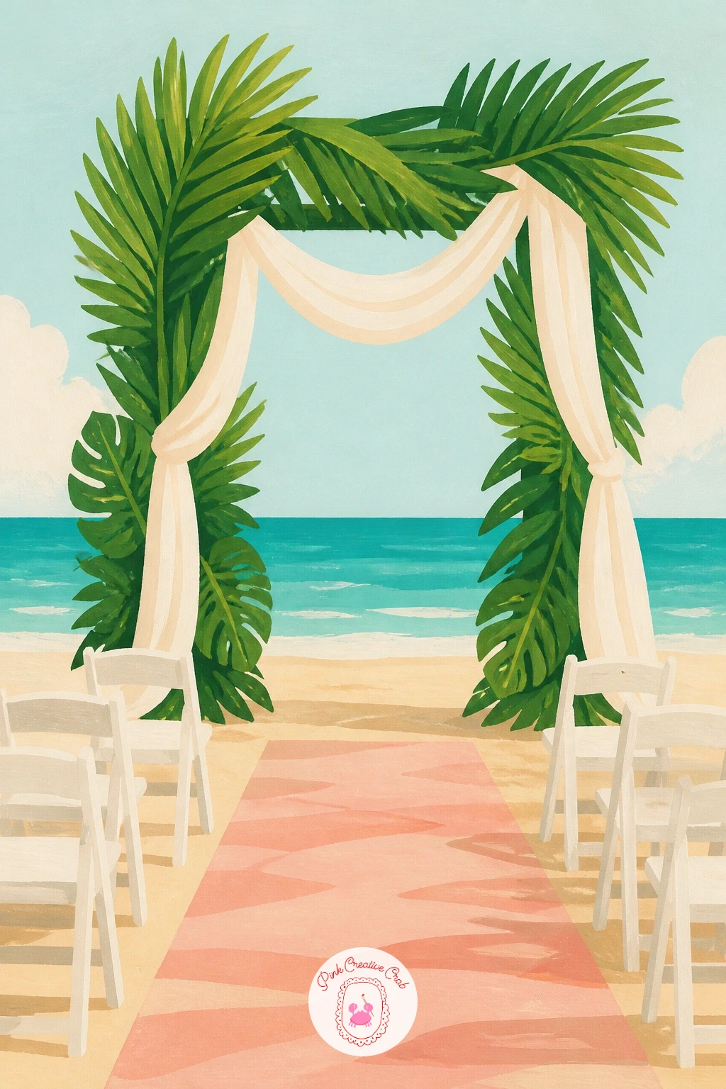 A Beach Wedding Arch With Palm Fronds — Keep the celebratory mood going with a wedding arch built from palm fronds standing on the sand. Palm tree painting